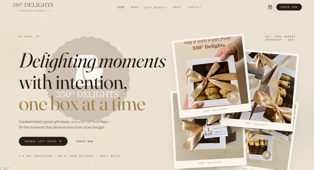 350 Delights ecommerce website showcasing custom baked goods gift boxes
