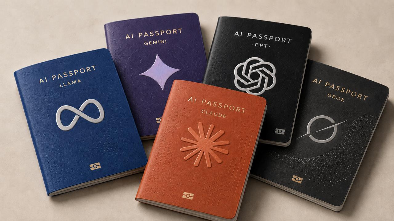 AI passport concept with passports for Llama, Gemini, Claude, GPT, and Grok
